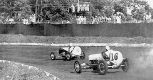 "Wild Bill" Moore (10), and Gordon Chard (16) race into turn one at Lakewood Speedway in an event on July 12, 1937. Photos originally appared in Life Magazine