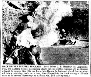 This photo appeared on the June 13, 1950 edition of The Brownsville Herald from Brownsville, Texas. Hundreds of newspapers all over the country carried the photo, depicting Hersey's fiery accident. Such photos of auto racing tragedies were the norm for newspapers of the day.