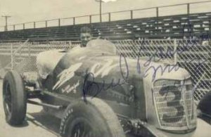 A rare photo of Bud Bardowski.  While the number matches, it's unclear if this was the car Bardowski was piloting during the Labor Day race in 1946 at Lakewood.