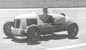 Barringer driving Harry Miller's rear engine car in 1939.  In 1940 they took it to Bonneville and set 33 records.  It was the first rear engine four wheel drive car built.  Photo courtesy Bill Barringer