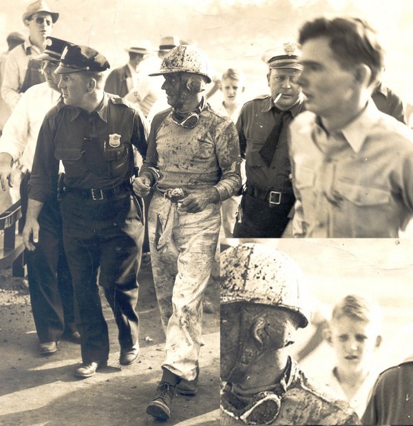 A stunned Billy DeVore is led from his wrecked racer by two Atlanta police officers.  Just over DeVore's left shoulder, and inset in the photo, is nine-year-old T.C. Chambers.  Chambers himself did not know of his presence in the photo until he spotted himself during the interview process for this story.  Photo courtesy Eddie Samples