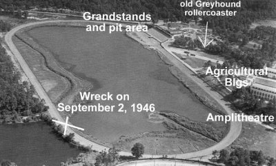 Lakewood Speedway in 1946 (Editor's note: since the original publication of this story and photos, the wreck scene indicated in the photo has been proven to have actually have been further up the back stretch, roughly even with the end of the ditch, just the other side of the culvert).