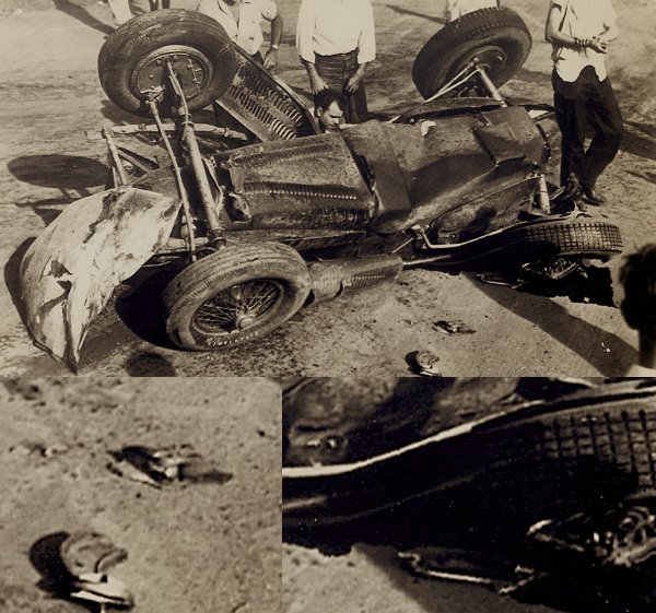 Robson's car sits upside down on Lakewood's backstretch.  In examining this photos, T.C. Chambers noticed what he thought might be Robson's gloves (seen up close in the lower left) and what may be a flask under the right rear tire (seen up close in the lower left).  The hood from Barringer's racer can be seen leaned against the front of Robson's car.  Photo courtesy Eddie Samples
