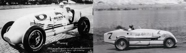 (Left) Wilbur Shaw won the 1937 Indy 500 in the same car George Barringer died in at Lakewood in 1946.  Shaw's win was the last time mechanics rode with the drivers (probably a happy day for many of them).  He finished second in this car in 1938.  Shaw sold the car to Ervin Wolfe after the war.  (Pictured right) Last known picture of George "Tex" Barringer before his accident.  Here he is on the front straight in some pre-race laps.  The wreck occured on the backstretch approaching the third turn (near the very top of the right picture).  This is the same car seen on the right driven by Wilbur Shaw.  Barringer photo courtesy Bill Barringer