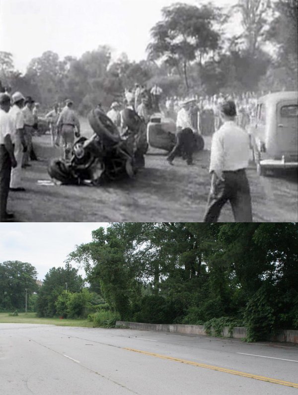 Comparison of the crash scene in 1946 and the site of bridge on the backstretch today, and the trees around the bridge, indicate that this is the spot from another angle.