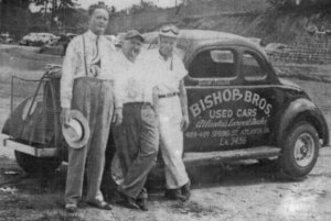 Roy Bishop, Ed "Jughead" Williams and Smith pose in front of Jack's car #2B at Atlanta's Lakewood Speedway before the race on June 11, 1950, the day of Skimp Hersey's fatal accident. 